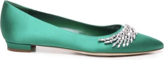 Manolo Blahnik Groene platte satijnen pumps met kristalversiering Green Dames