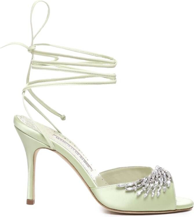 Manolo Blahnik Groene sandalen met kristallen en kegelhak Green Dames