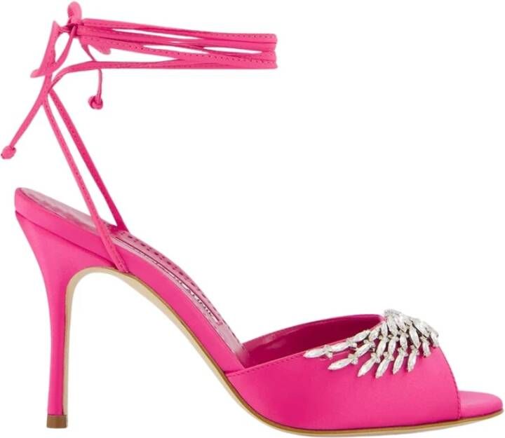olo Blahnik Kristalversierde Roze Satijnen Sandalen