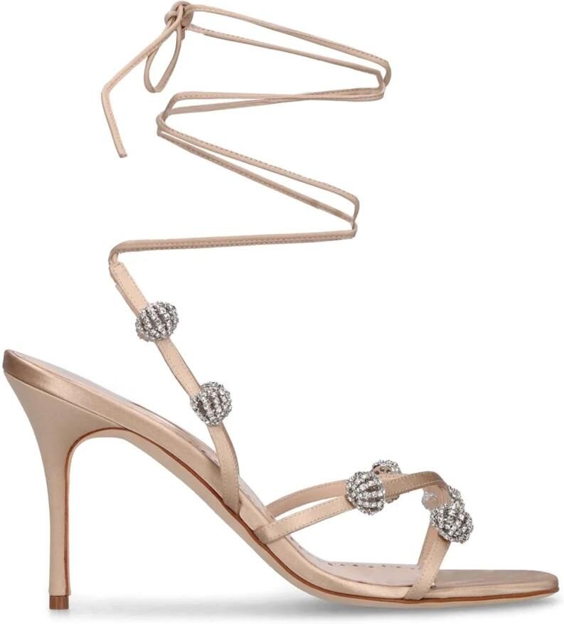 Manolo Blahnik Kristalversierde Zijden Sandalen Beige Dames