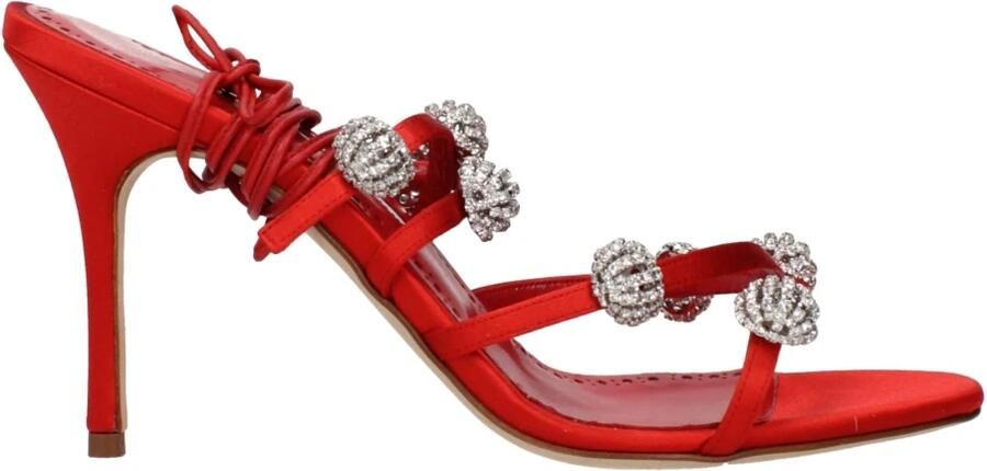 Manolo Blahnik Rode Satijnen Stiletto Hakken Sandalen - Foto 3