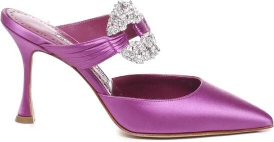 Manolo Blahnik Paarse Satijnen Puntige Muiltjes Purple Dames