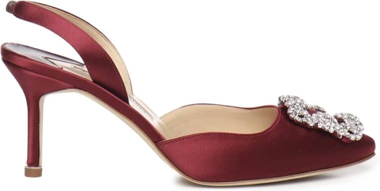 olo Blahnik Rode Satijnen Sandalen met Kristallen Gesp