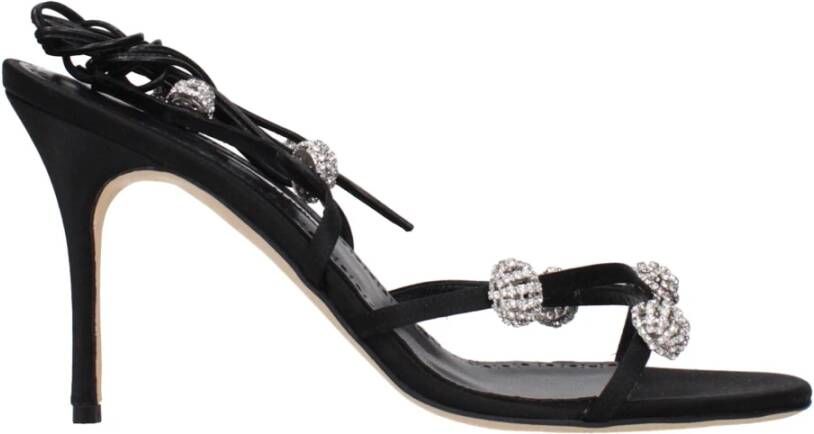 Manolo Blahnik Zwarte Satijnen Sandaal met Strass