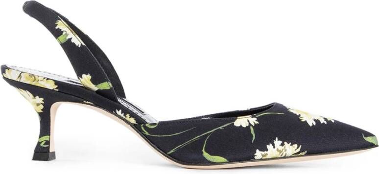 olo Blahnik Zwarte Satijnen Slingback Hakken met Bloem