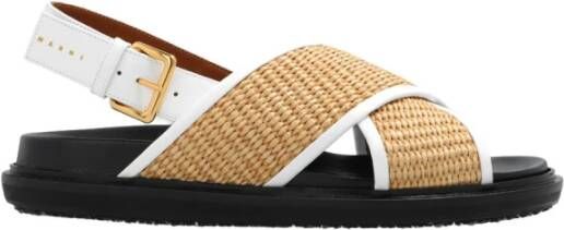 Marni Leren en Raffia Kruisband Sandalen Beige Dames