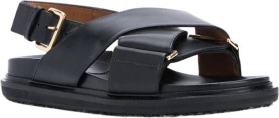 Marni Leren Criss-Cross Platte Sandalen Black Dames