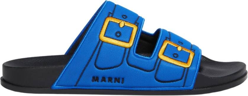 Marni Trompe l'oeil slider met geborduurde gespen Blue Heren