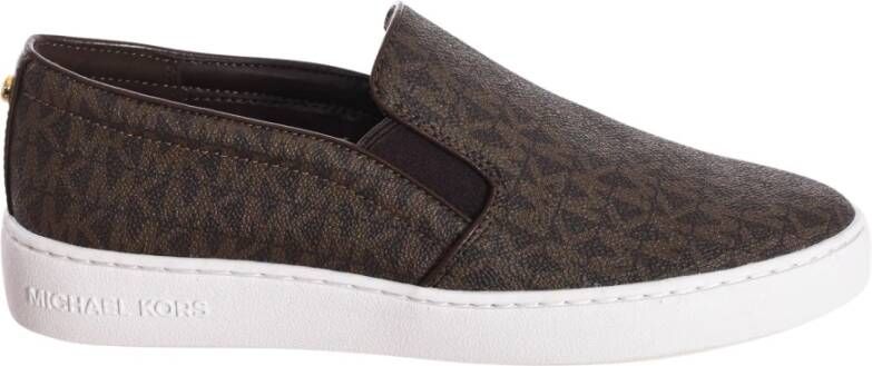 Michael Kors Tijdloze Slip-On Sneaker met Logo Print en Gouden Accenten Brown Dames