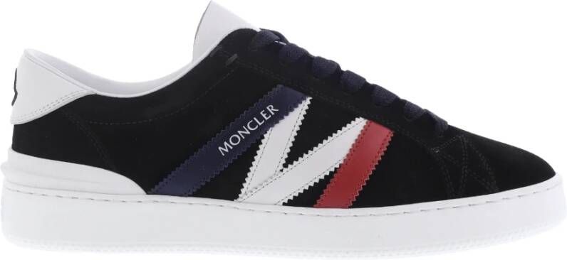 Moncler Navy Blue Red and White Calf Suede Monaco M Low Top Sneakers Zwart Heren