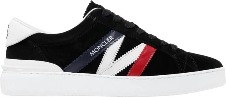 Moncler Navy Blue Red and White Calf Suede Monaco M Low Top Sneakers Zwart Heren