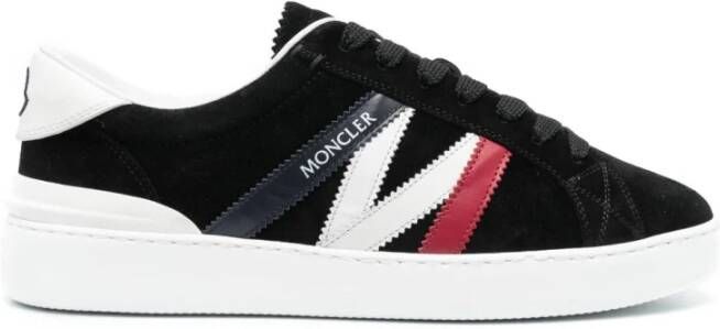 Moncler Navy Blue Red and White Calf Suede Monaco M Low Top Sneakers Zwart