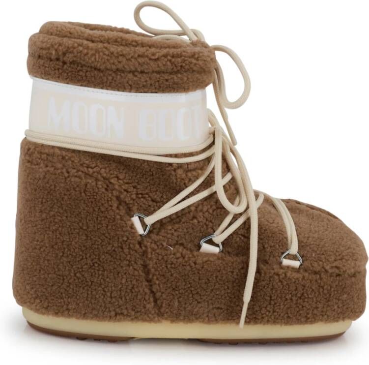 Moon Boot Platte Kamelenwol Effect Veterschoenen
