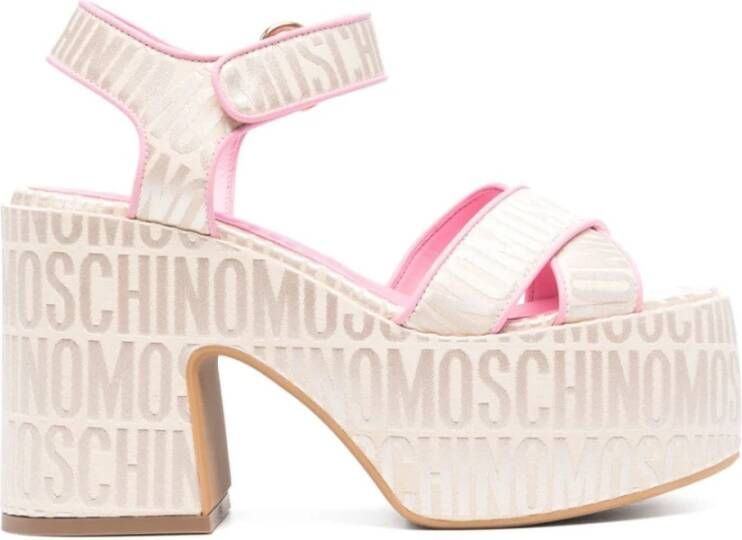 Moschino Canvas leren sandalen met jacquard-logo Beige Dames
