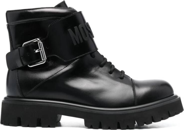 Moschino Logo-Ingelegde Leren Veterschoenen Black Heren