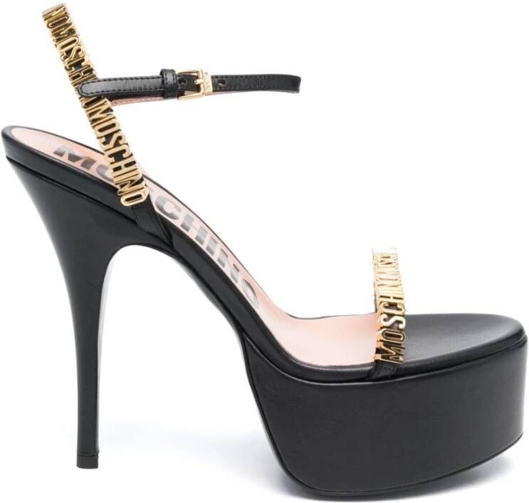 Moschino Zwarte hoge hak sandalen met gouden logo plaatje Black Dames