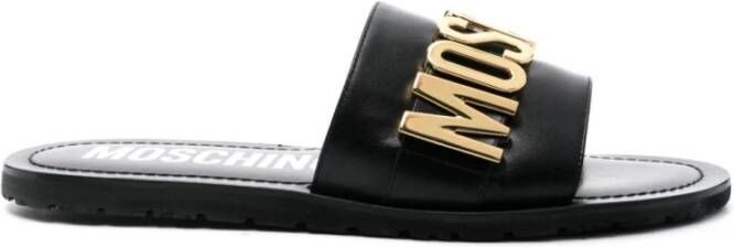 Moschino Zwarte Leren Sandalen met Gouden Logo Black Heren