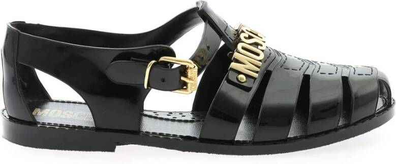 Moschino Zwarte rubberen strandsandalen met gouden logo