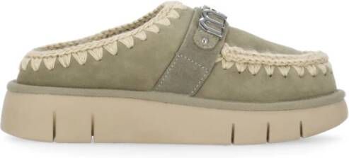 Mou Groene Suède Pantoffels met Wolsteken Green Dames