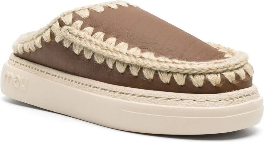 Mou Shearling Leren Pantoffels met Chunky Zool Brown Dames