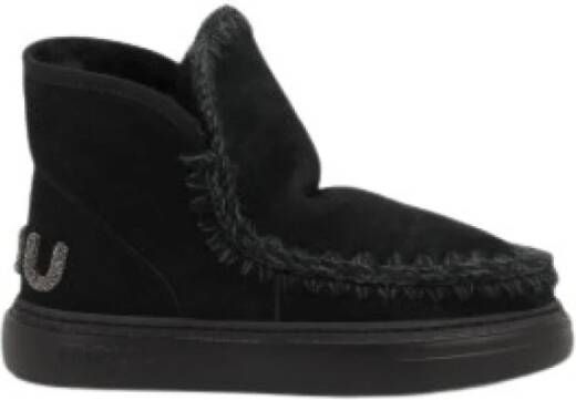 Mou Zwarte platte schoenen met ronde neus en ruwe wollen stiksels Black Dames