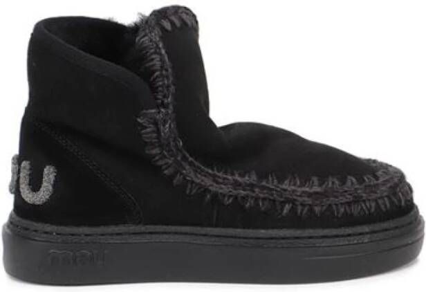 Mou Zwarte platte schoenen met ronde neus en ruwe wollen stiksels Black Dames