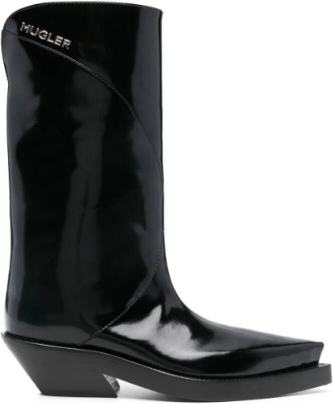 Mugler Zwarte Kalfsleren Laars Geborstelde Stijl Black Dames