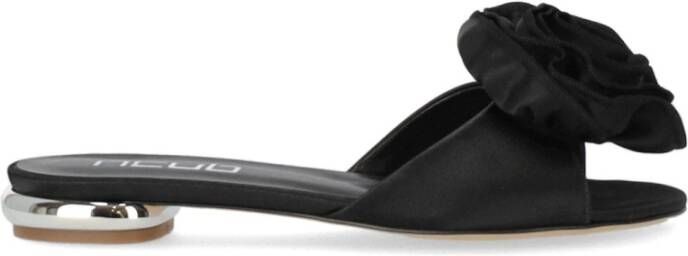 Ncub Zwarte Leren Bloem Slide Sandaal Black Dames
