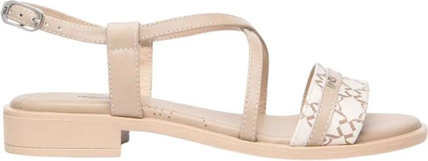 Nerogiardini Beige Leren Platte Enkelband Sandalen