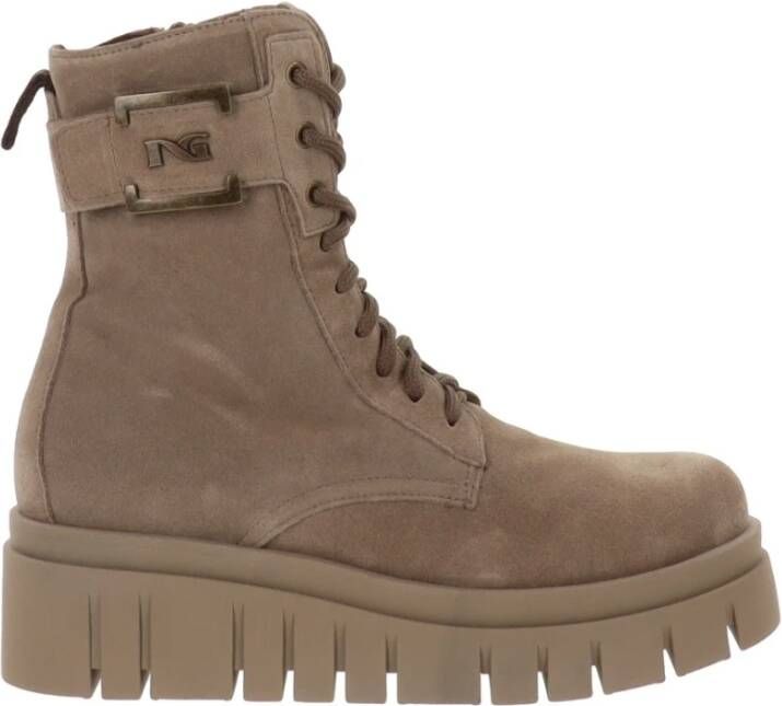 Nerogiardini Leren dames enkellaarsjes met vetersluiting en rits Beige Dames