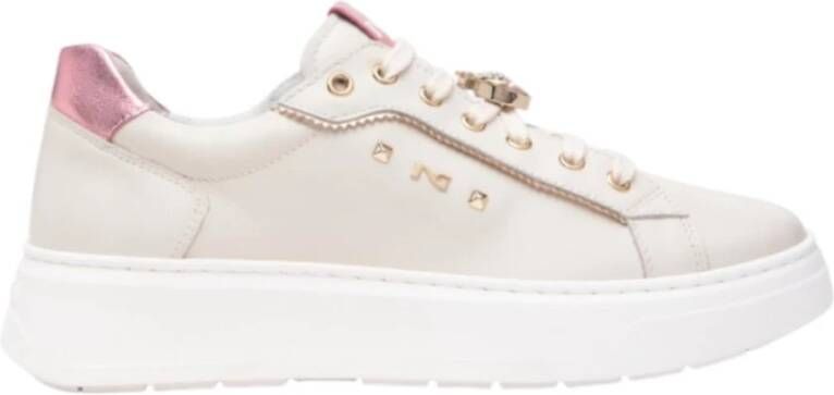 Nerogiardini Witte leren sneakers met roze metallic details