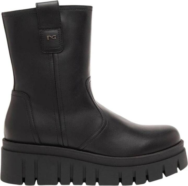 Nerogiardini Zwarte leren enkellaarsjes met NG-logo Black Dames