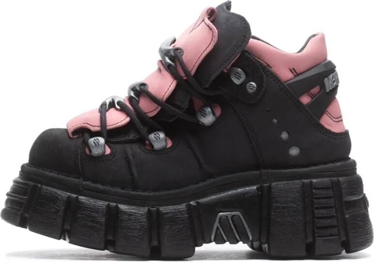 New Rock Zwart Roze Leren Veterschoenen