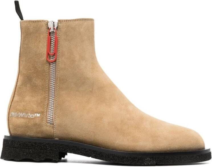 Off White Suède Enkellaarzen met Zijlogo