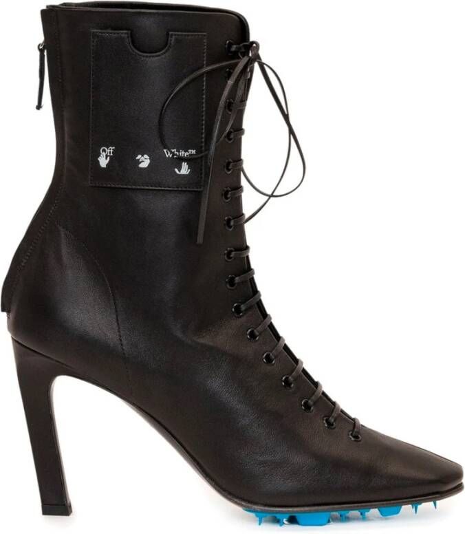 Off White Elegante Zwarte Leren Enkellaarzen Black Dames