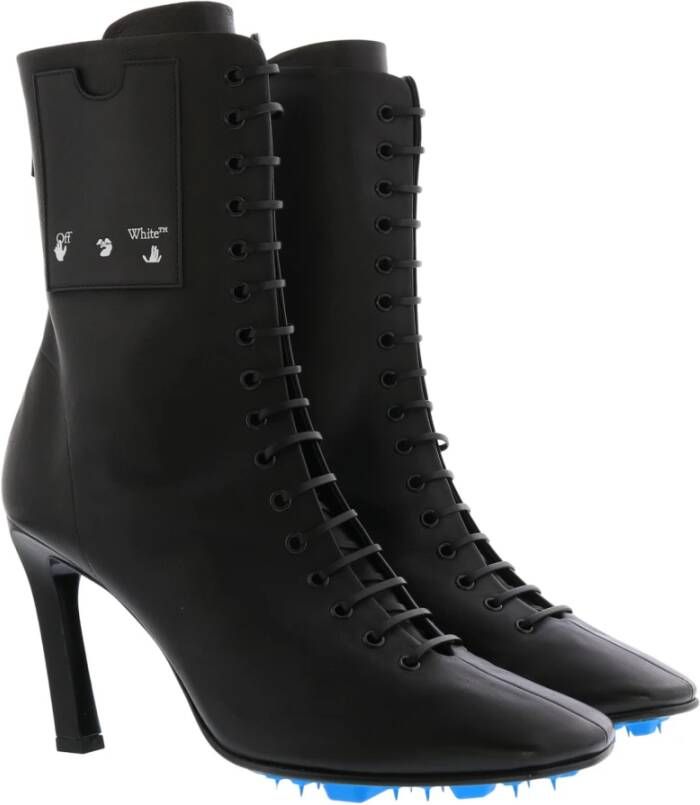 Off White Elegante Zwarte Leren Enkellaarzen Black Dames