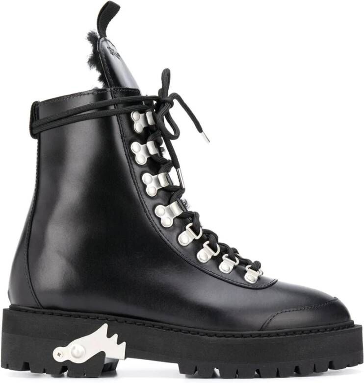 Off White Leren Enkellaarzen Eco Bont Voering Black Dames