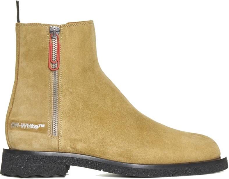 Off White Suède Enkellaarzen met Zijlogo