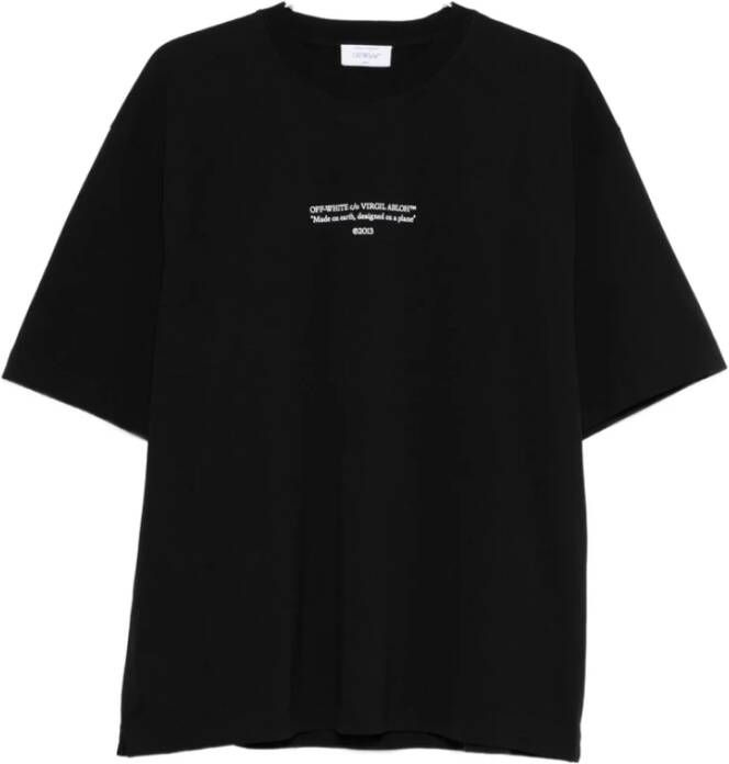 Off White Zwart Crew Neck Slogan Print T-shirt