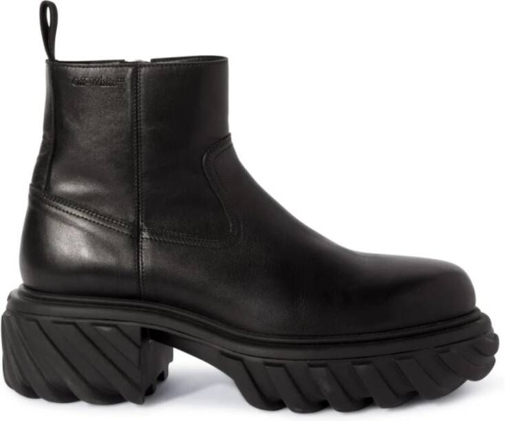 Off White Zwarte Tractor Motor Enkellaarzen voor Black