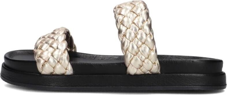 Omoda Gouden leren slippers met geweven bovenwerk