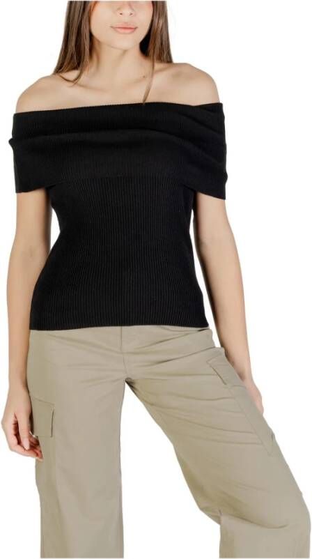 Only Zwarte Geribbelde Gebreide Boothals Top