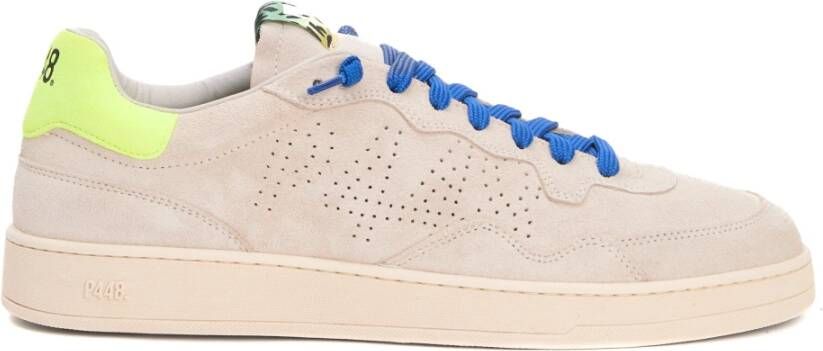 P448 Beige Suède Sneakers Blauw Geel Inzetstuk