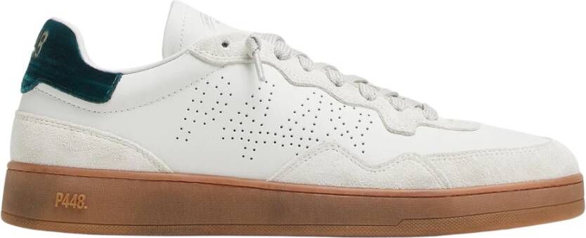 P448 Witte Leren Sneakers met Groene Accenten