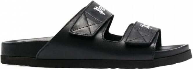 Palm Angels Zwarte Leren Sliders met Dubbele Touch Strap Black