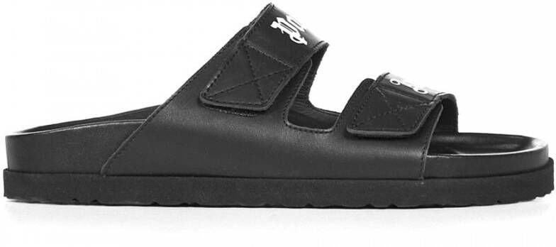 Palm Angels Zwarte Leren Sliders met Dubbele Touch Strap Black Dames
