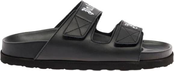 Palm Angels Zwarte Leren Sliders met Dubbele Touch Strap Black Dames