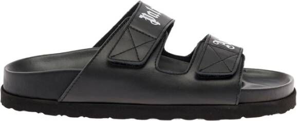 Palm Angels Zwarte Leren Sliders met Dubbele Touch Strap Black