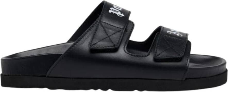 Palm Angels Zwarte Leren Sliders met Dubbele Touch Strap Black