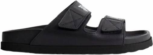 Palm Angels Zwarte Leren Sliders met Dubbele Touch Strap Black Dames